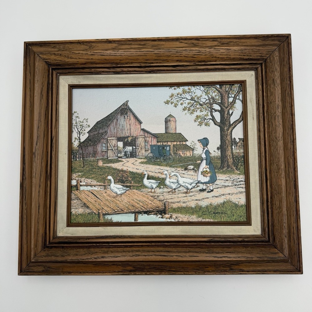 C Carson Oil Painting Country Girl Geese Signed Wood Frame 14 X 12 Cottagecore